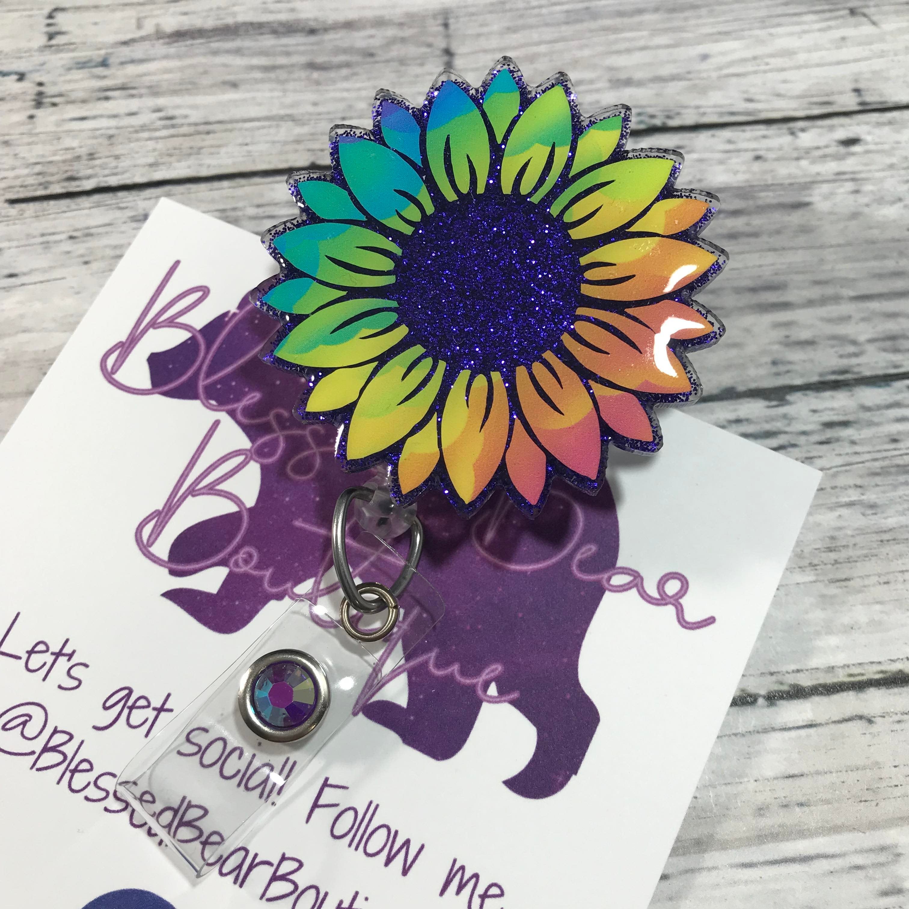 Sunflower, Purple & Gold Holographic Sunflower, Retractable Badge
