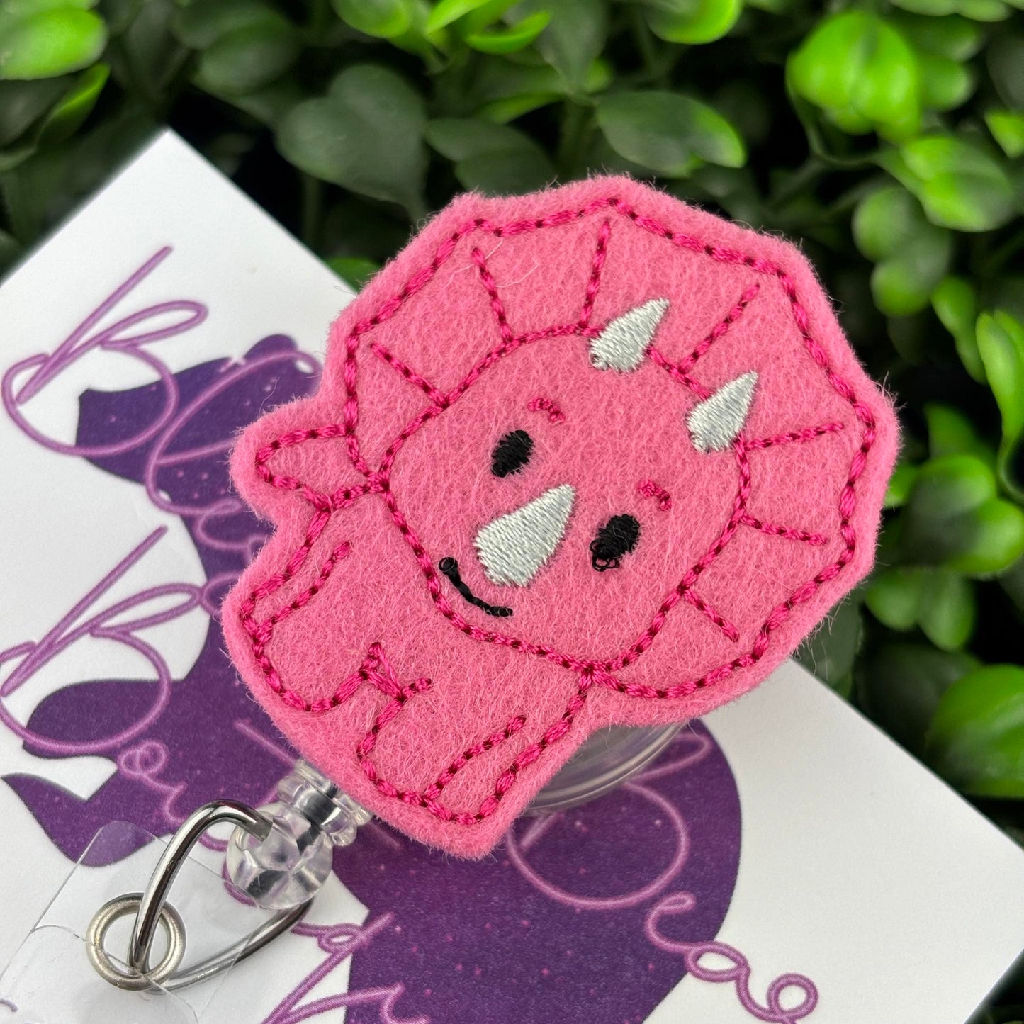 Pink Dino Felt Badge Reel