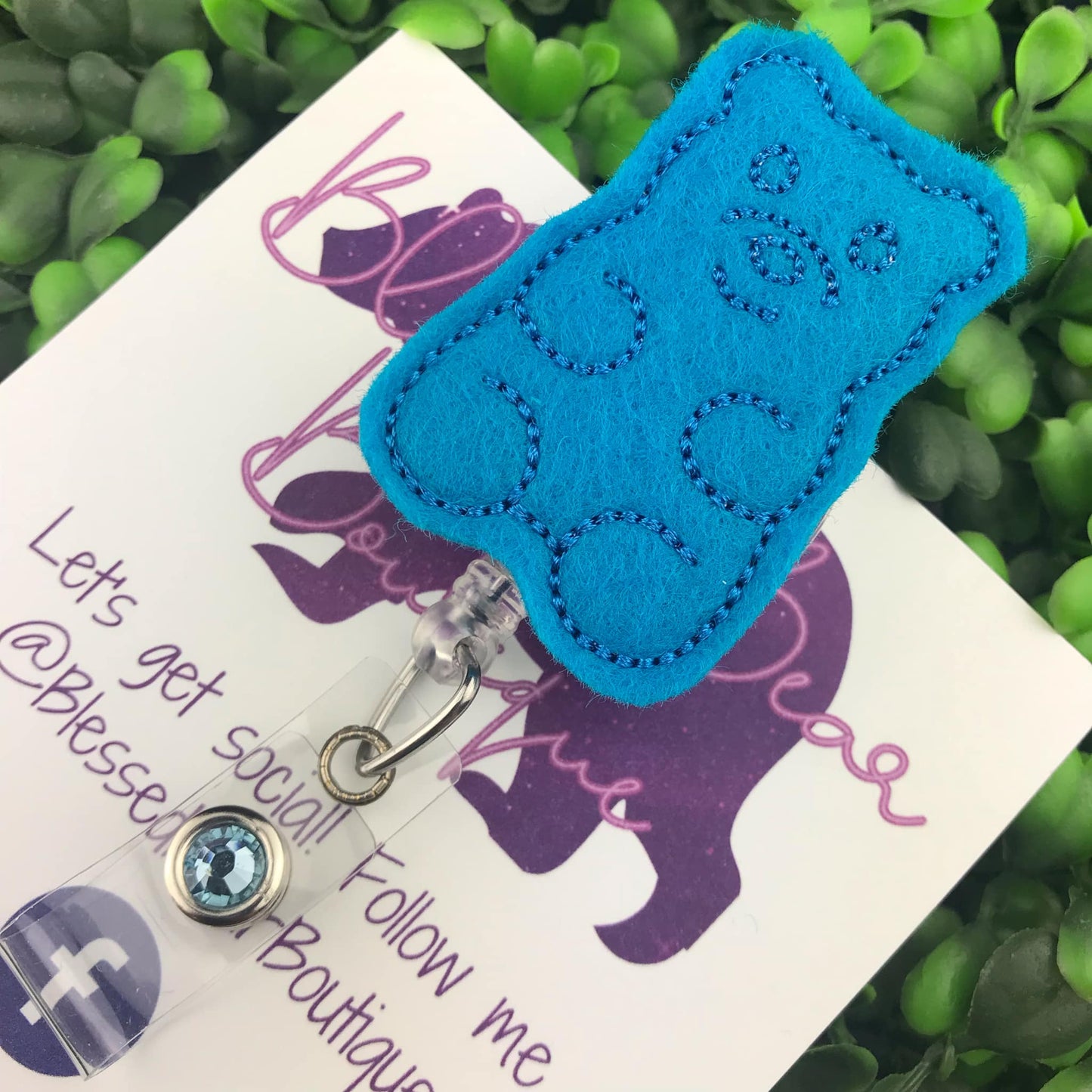 Blue Candy Bear Felt Badge Reel