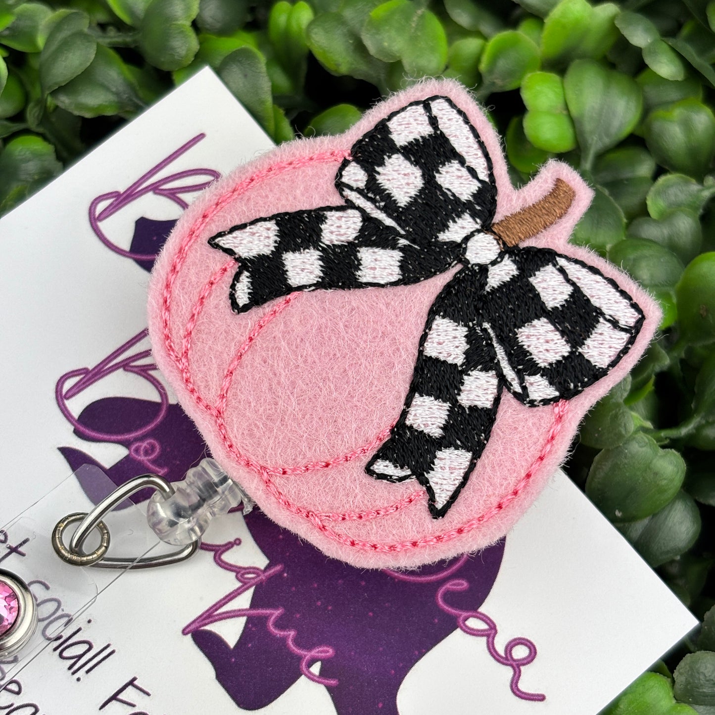 Pink Pumpkin with Bow Felt Badge Reel