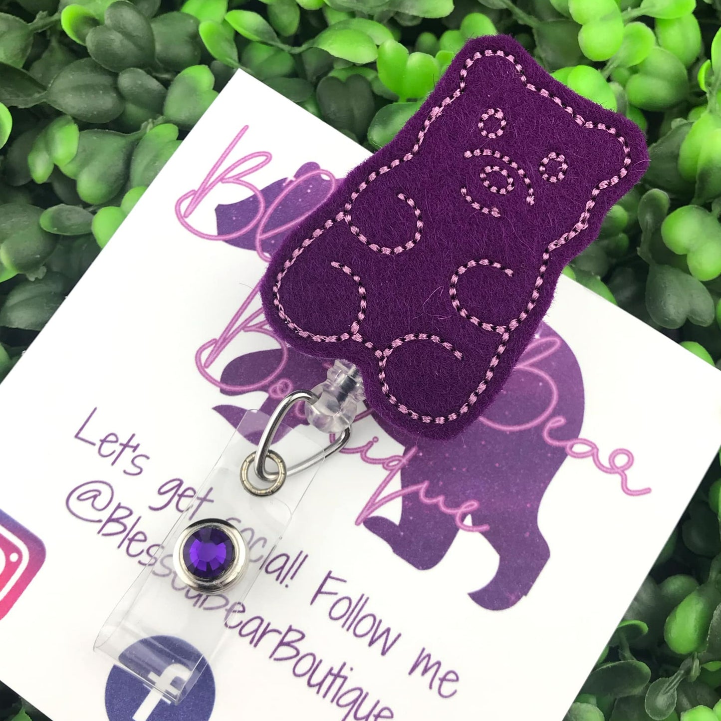 Purple Candy Bear Felt Badge Reel