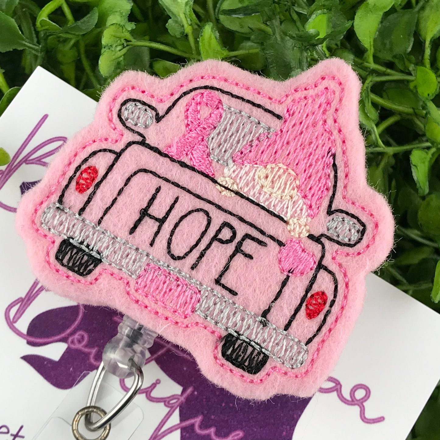 Breast Cancer Awareness Gnome Truck Felt Badge Reel