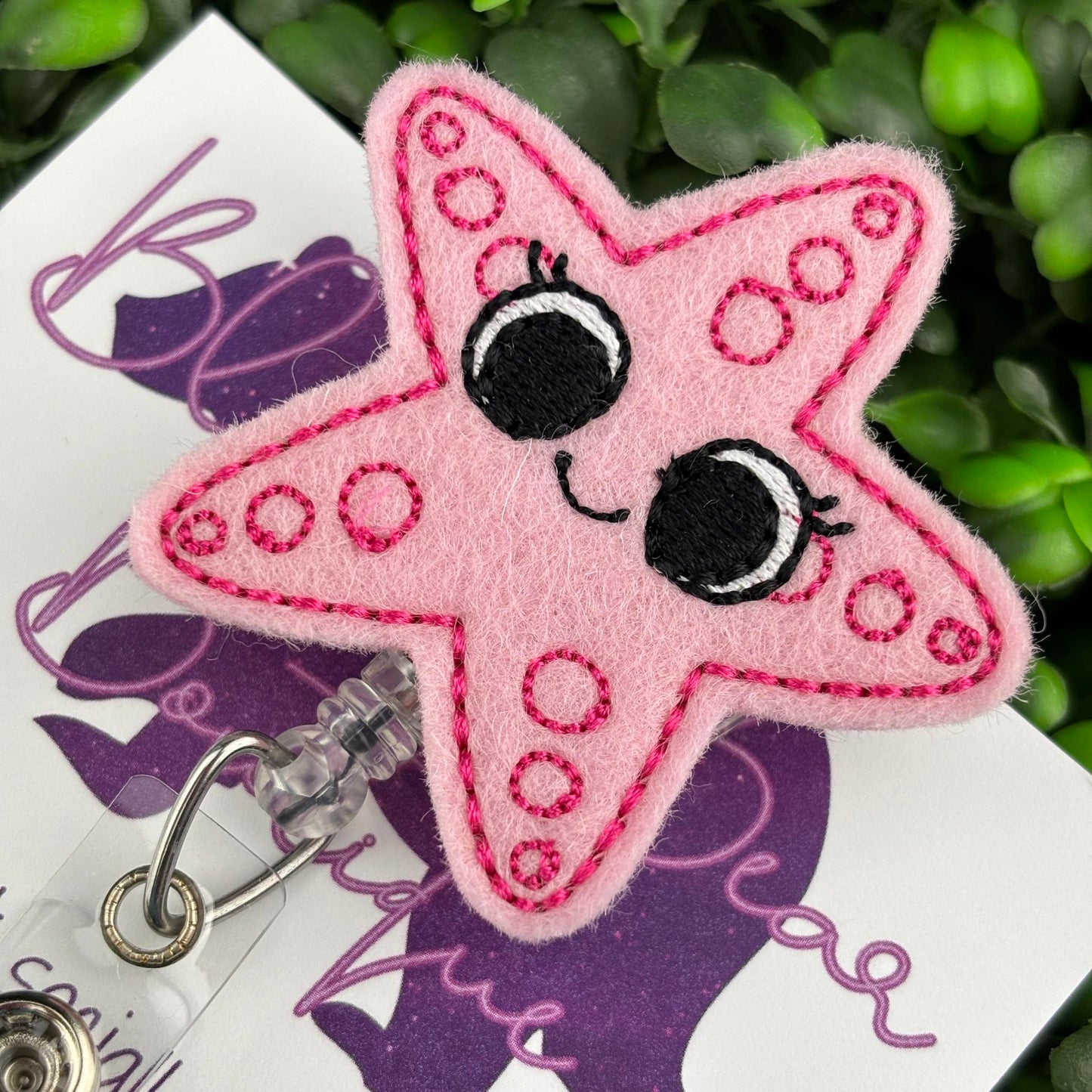 Pink Starfish Felt Badge Reel