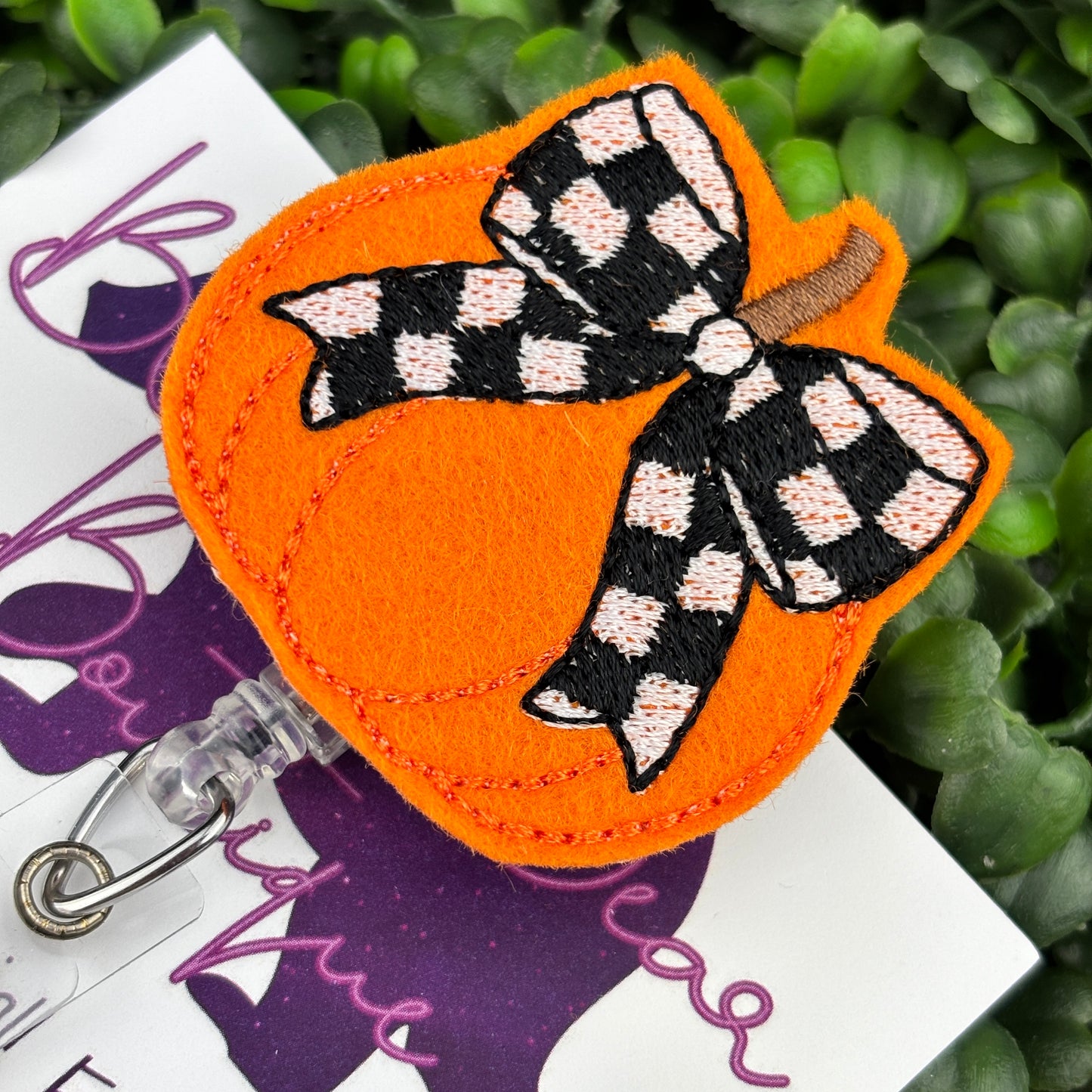 Orange Pumpkin with Bow Felt Badge Reel