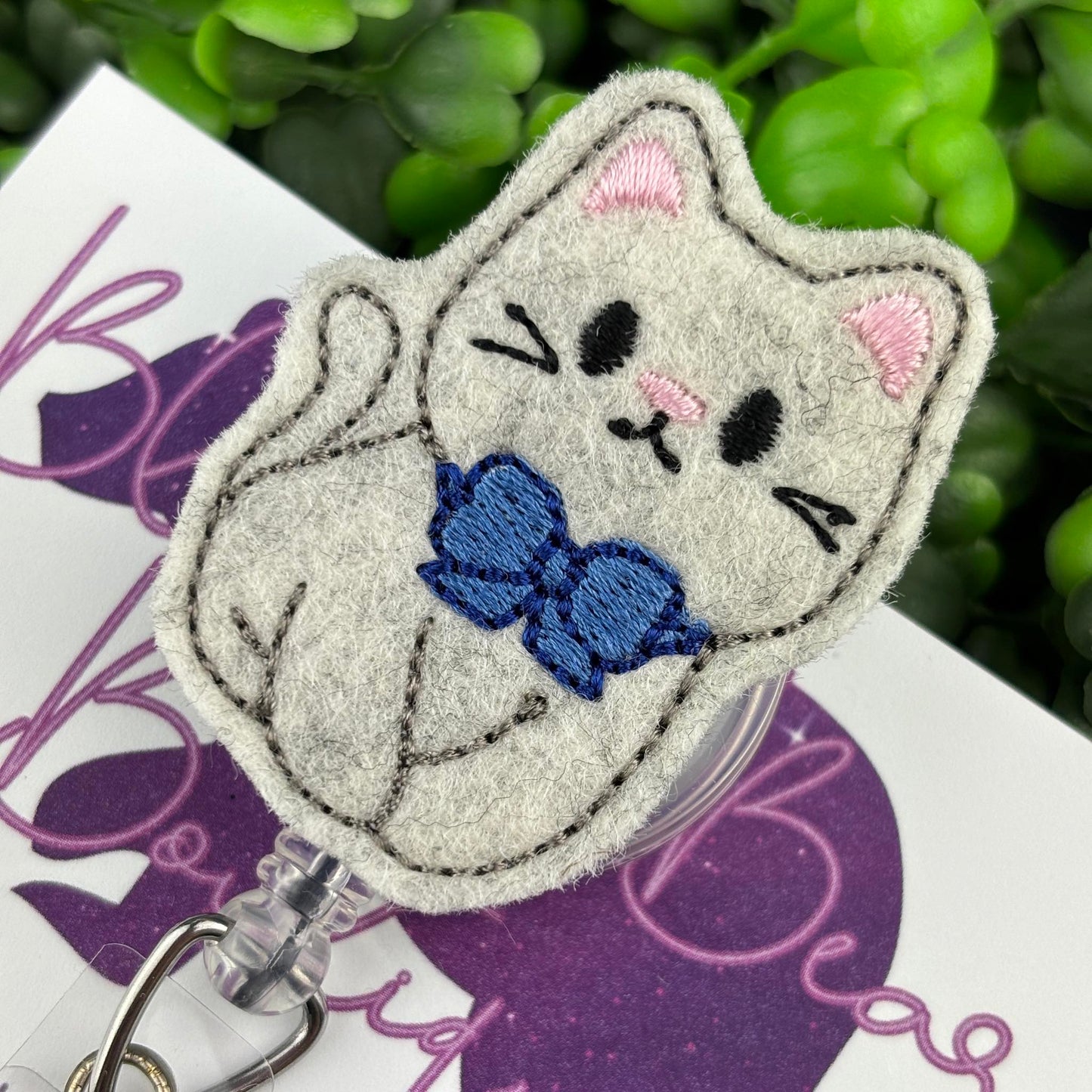 Sitting Kitty with Bowtie Felt Badge Reel