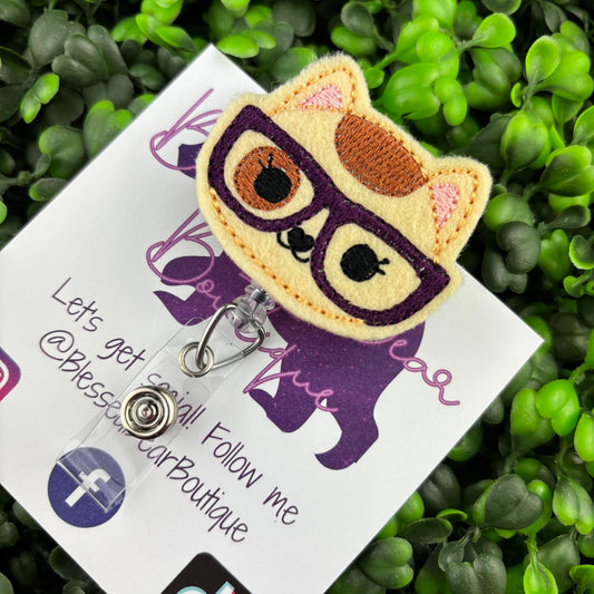 Cat with Glasses Felt Badge Reel