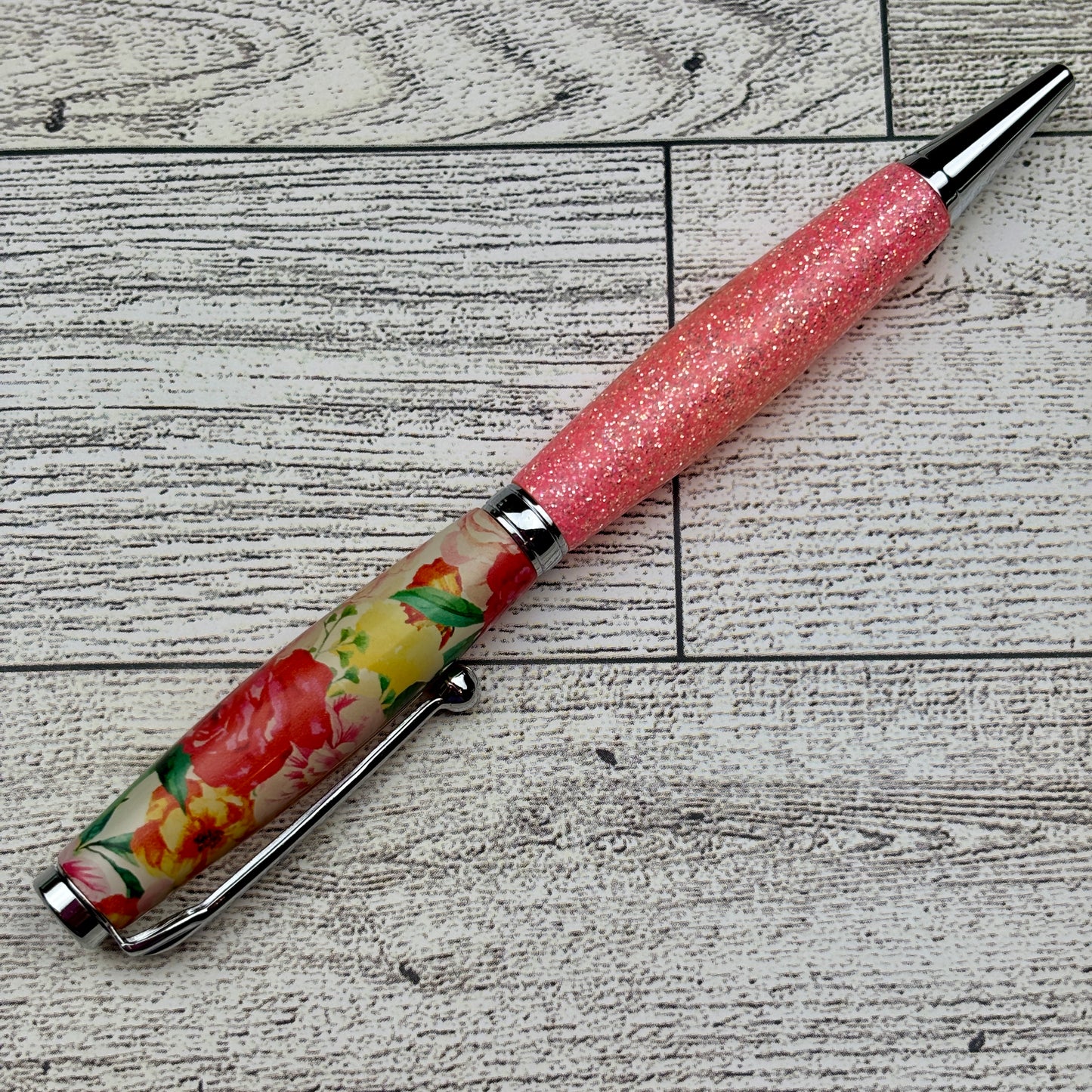 Bright Pink Glitter and Floral Ballpoint Pen