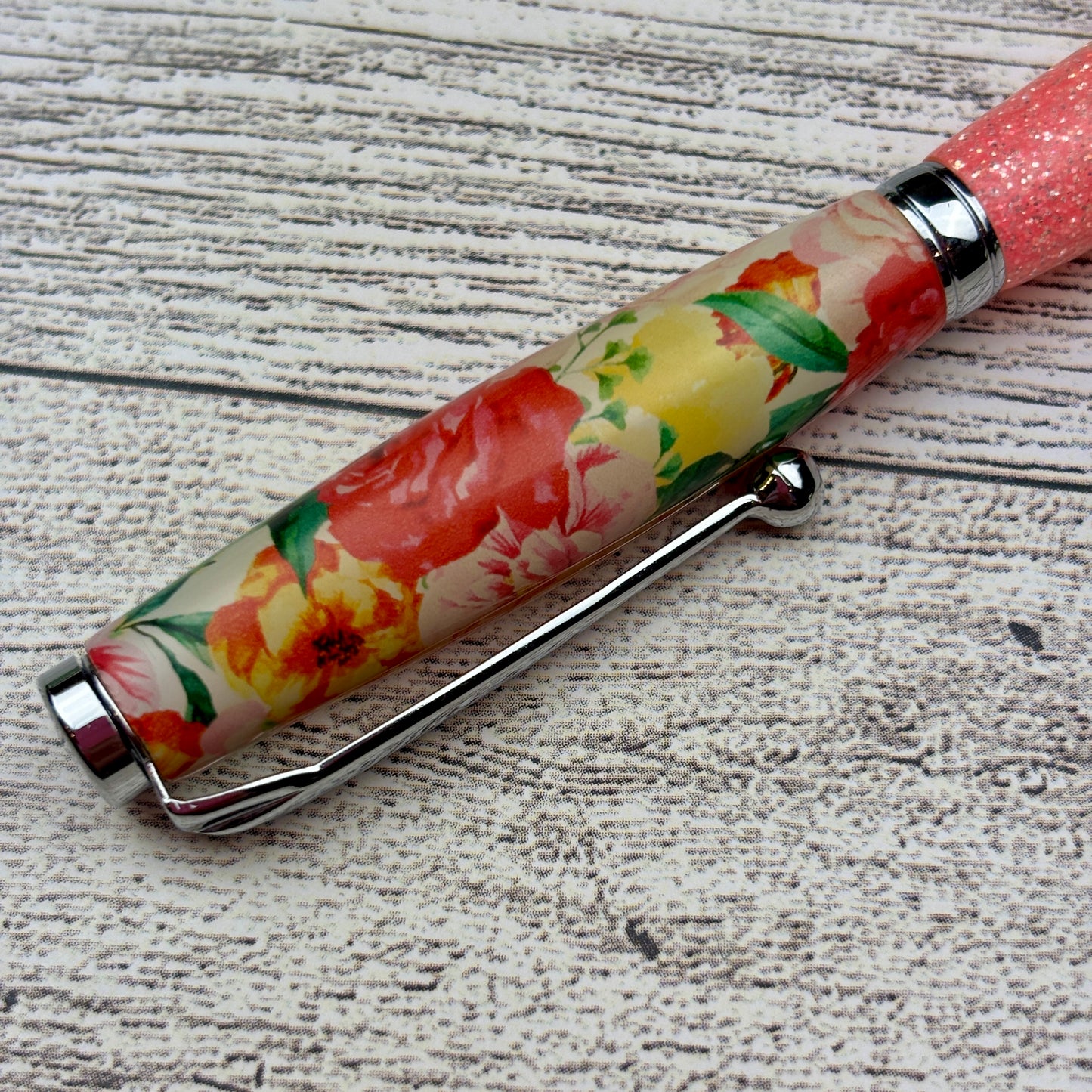 Bright Pink Glitter and Floral Ballpoint Pen