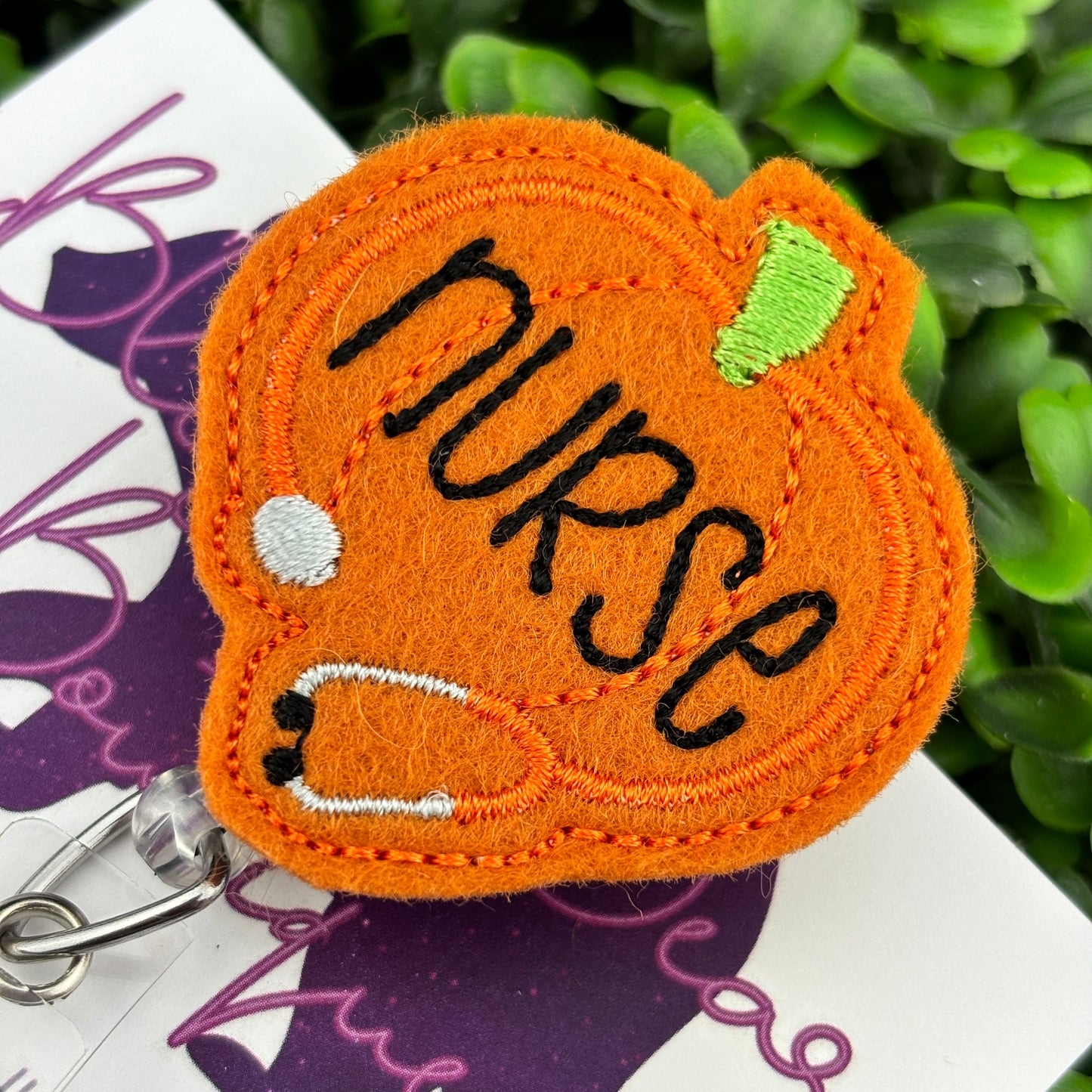 Pumpkin Nurse Felt Badge Reel