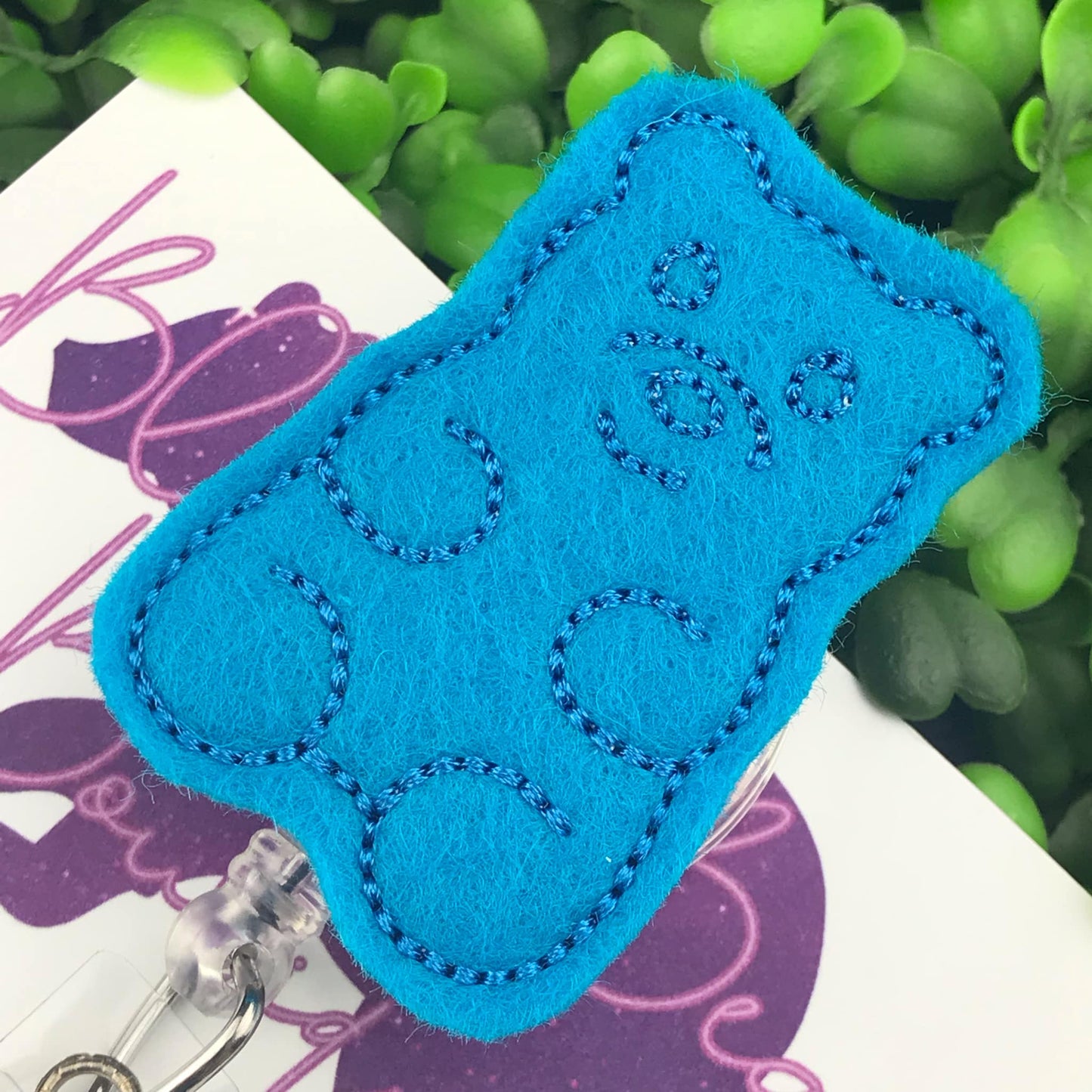 Blue Candy Bear Felt Badge Reel