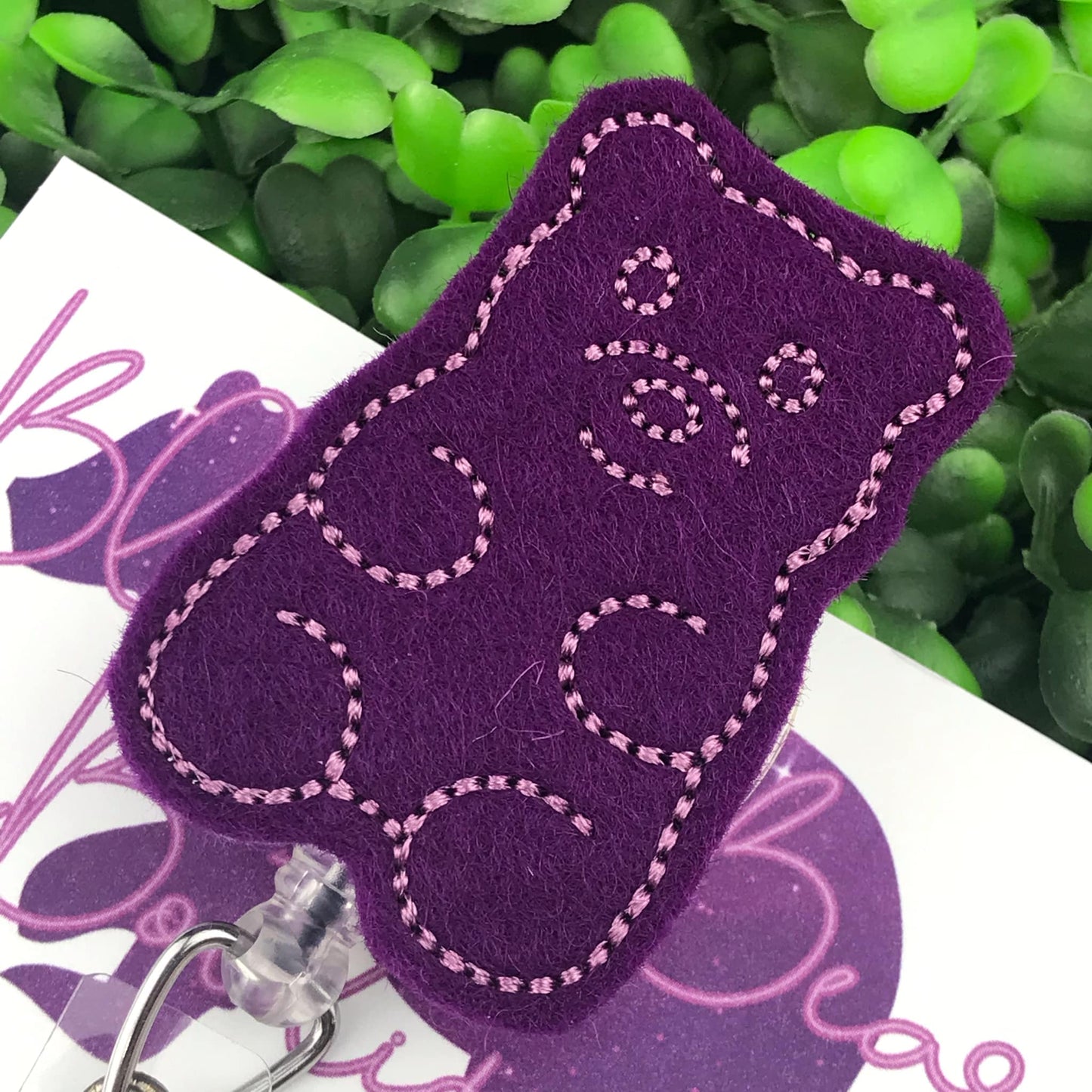 Purple Candy Bear Felt Badge Reel