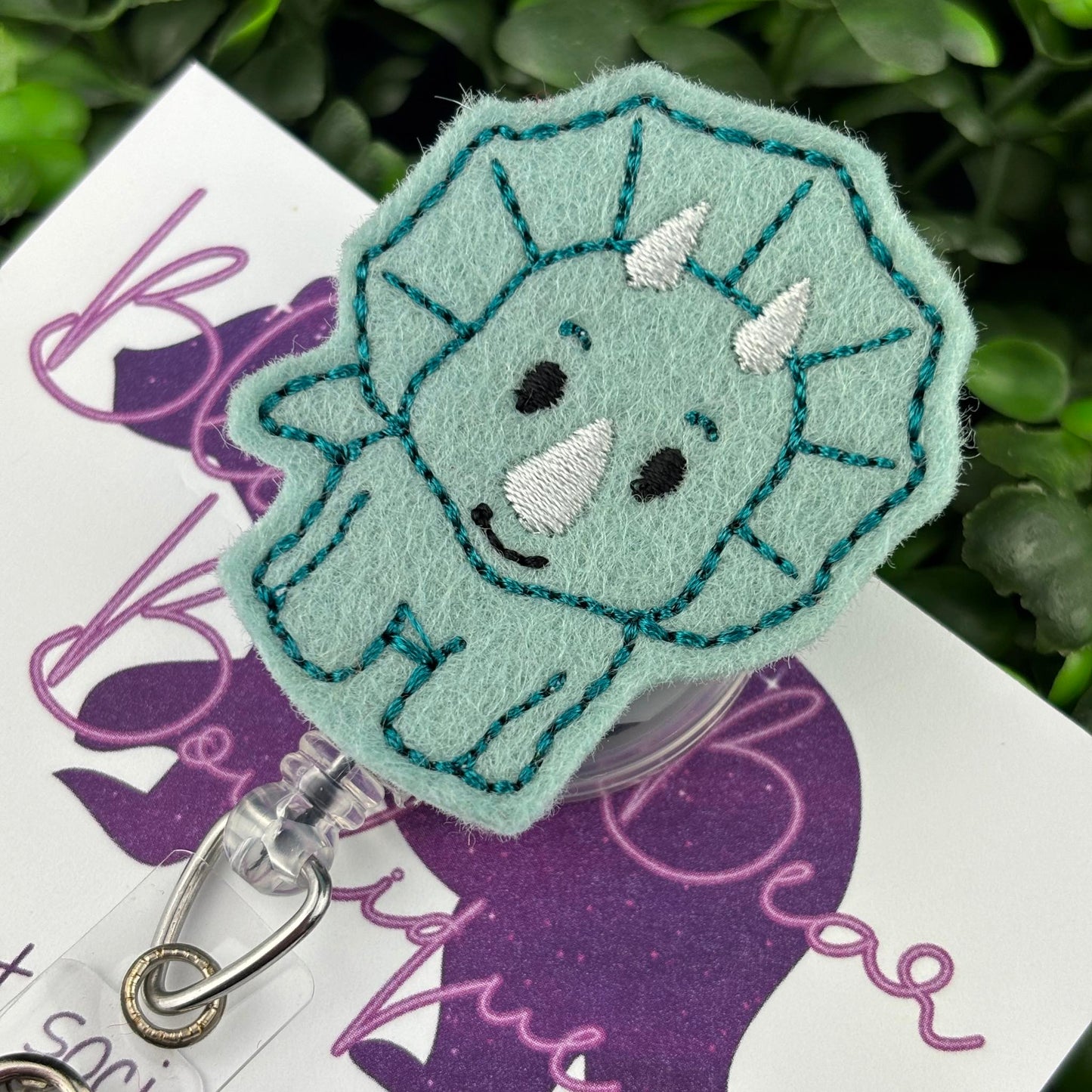 Blue Dino Felt Badge Reel