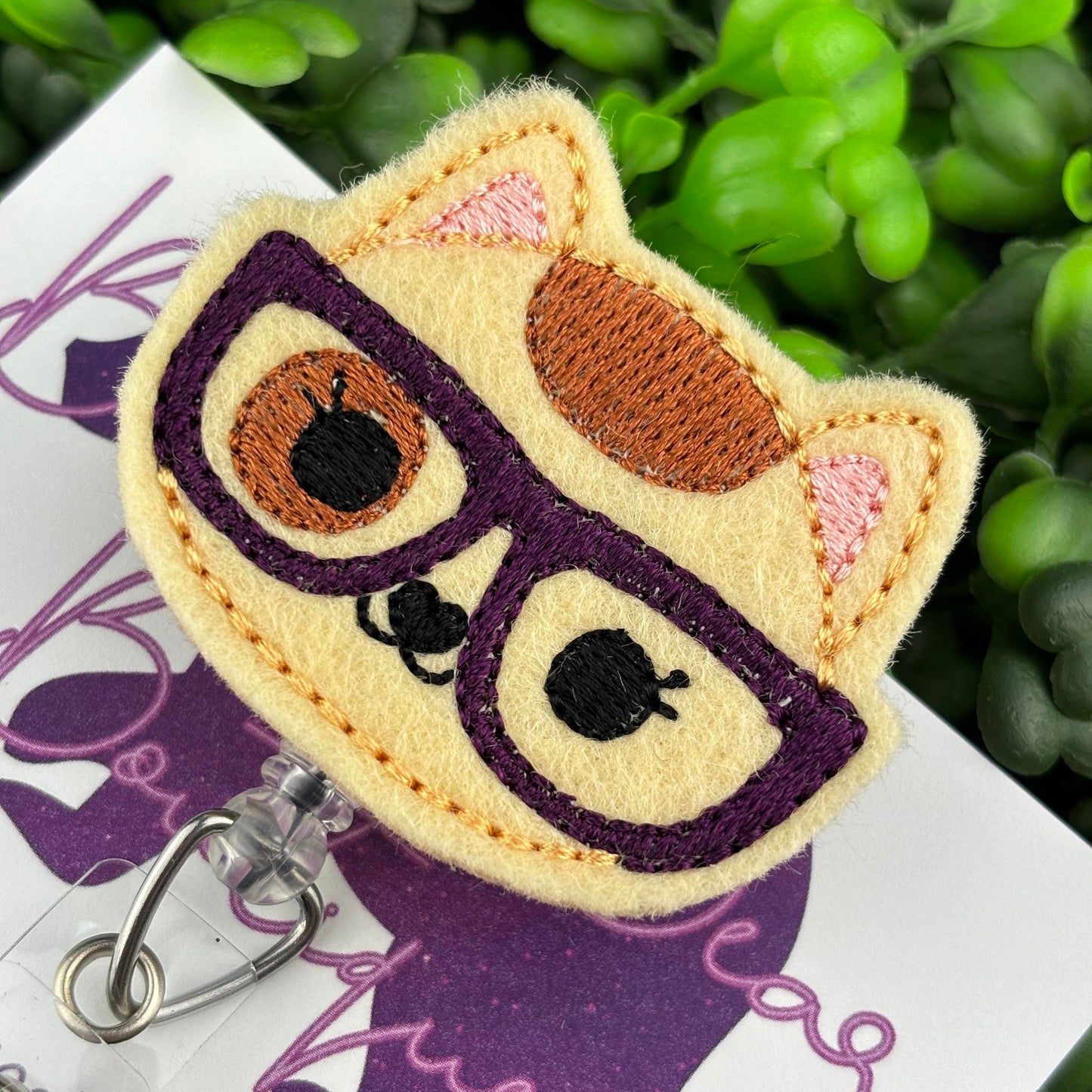 Cat with Glasses Felt Badge Reel