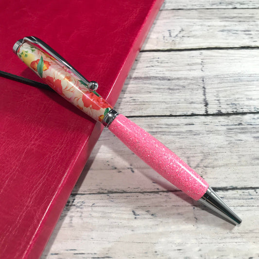 Pink Floral Glitter Ballpoint Pen - Personalization Optional - Blessed Bear Boutique