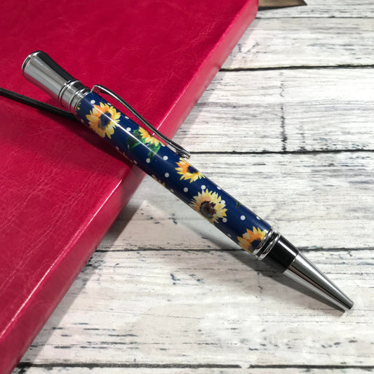 Navy and White Polka Dot Sunflower Patterned Ballpoint Pen - Personalization Optional